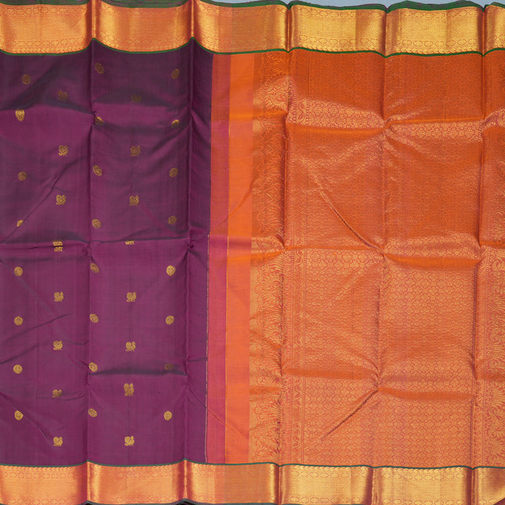 Hayagrivas Handloom Purple Kanjivaram Silk Saree with Orangish-Pink Border KBE1333J4-1