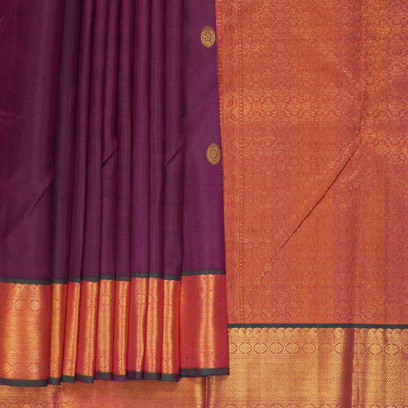 Hayagrivas Handloom Purple Kanjivaram Silk Saree with Orangish-Pink Border KBE1333J4-1