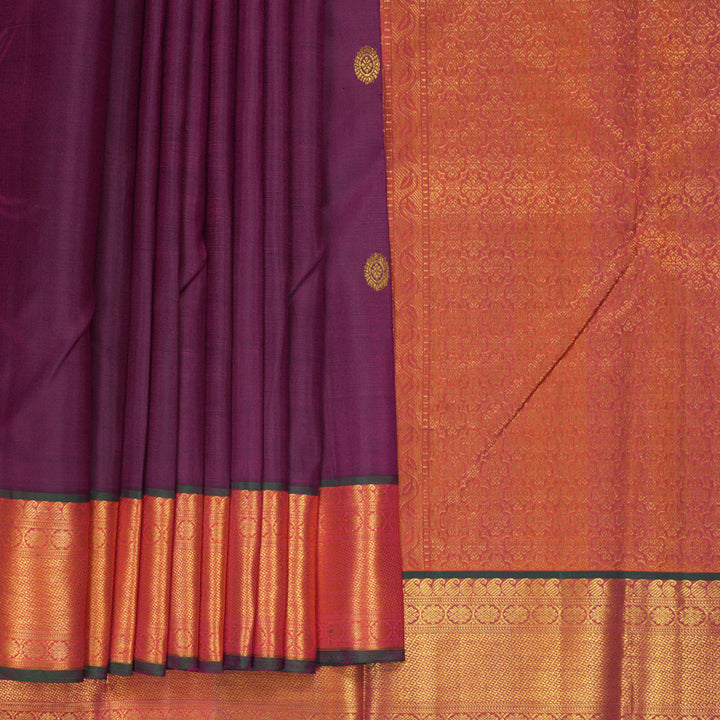 Hayagrivas Handloom Purple Kanjivaram Silk Saree with Orangish-Pink Border KBE1333J4-1
