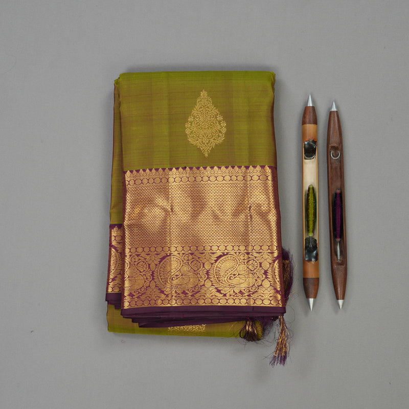 Hayagrivas Handloom Mehandi Green Kanjivaram Silk Saree with Deep Violet Border KBE1335J8-15