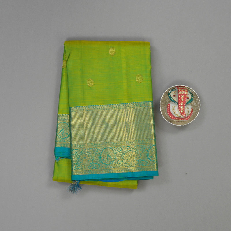 Hayagrivas Handloom Lime Green Kanjivaram Silk Saree with Teal Border KBE1335J8-27