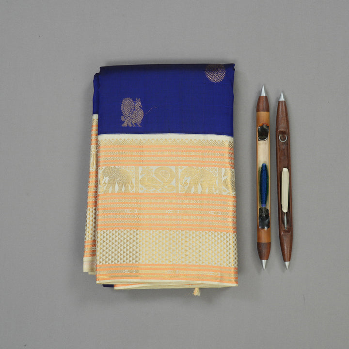 Hayagrivas Handloom Royal Blue Kanjivaram Silk Saree with Ivory Border KBE1336J13-1
