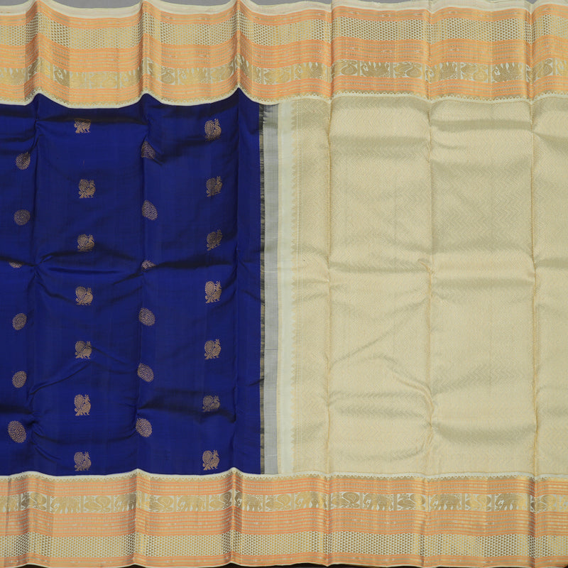 Hayagrivas Handloom Royal Blue Kanjivaram Silk Saree with Ivory Border KBE1336J13-1