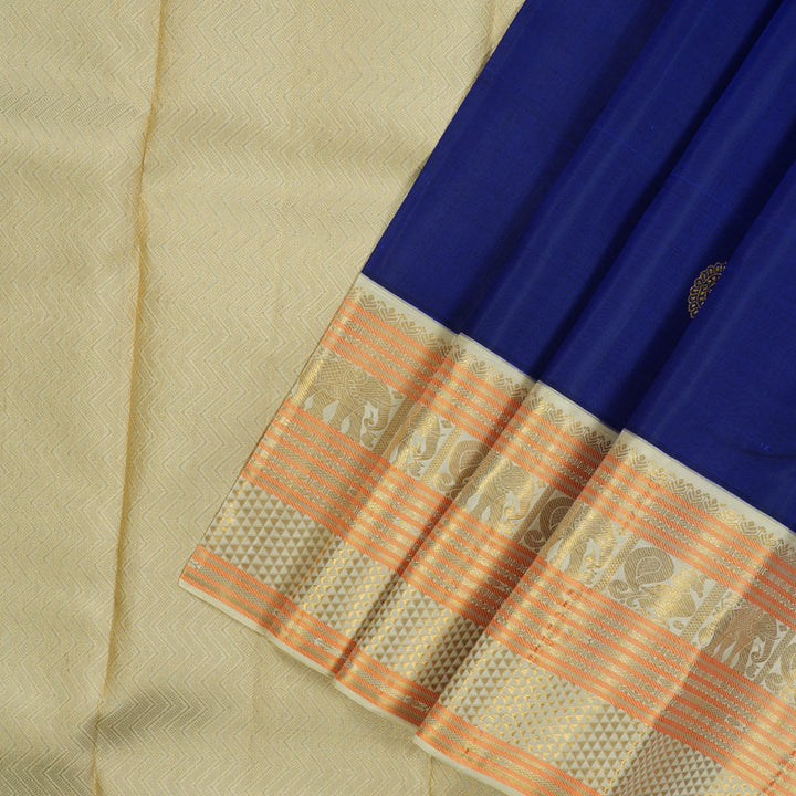 Hayagrivas Handloom Royal Blue Kanjivaram Silk Saree with Ivory Border KBE1336J13-1