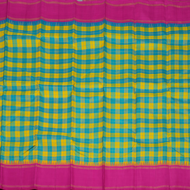 Hayagrivas Handloom Multicolour Checks Kanjivaram Silk Saree with Magenta Pink border KBE1336J17-1