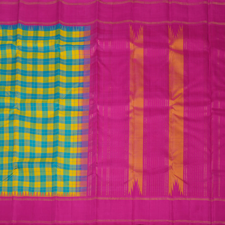 Hayagrivas Handloom Multicolour Checks Kanjivaram Silk Saree with Magenta Pink border KBE1336J17-1