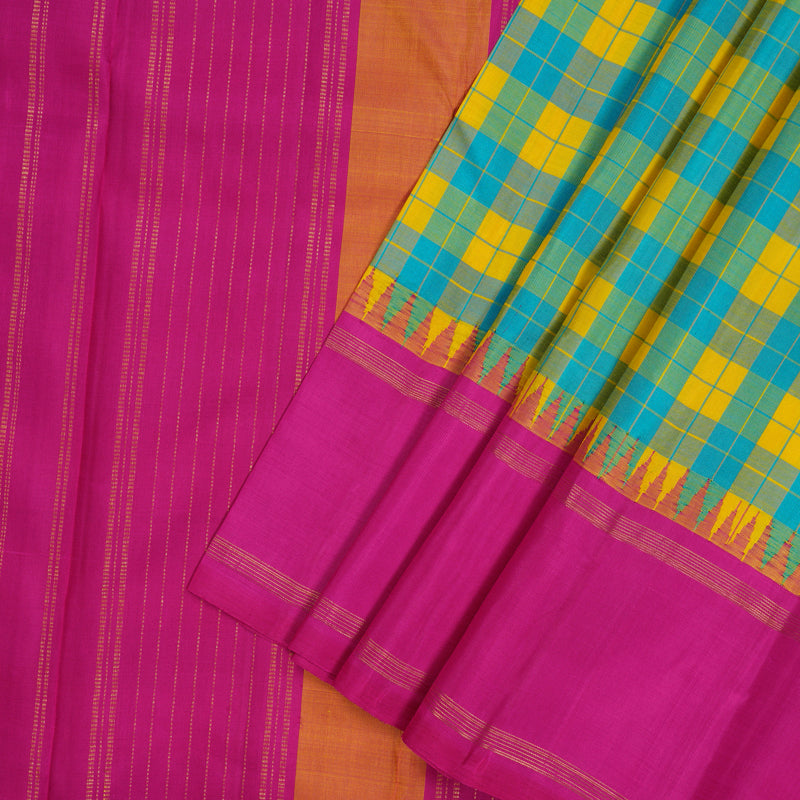 Hayagrivas Handloom Multicolour Checks Kanjivaram Silk Saree with Magenta Pink border KBE1336J17-1