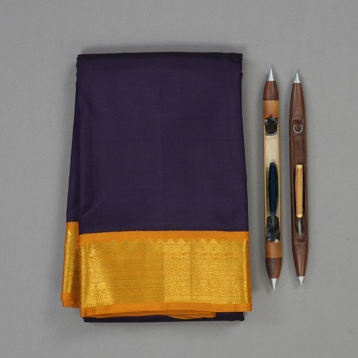 Hayagrivas Handloom Dark Indigo Blue Kanjivaram Silk Saree with Mustard Yellow Border KBE1336J4-1