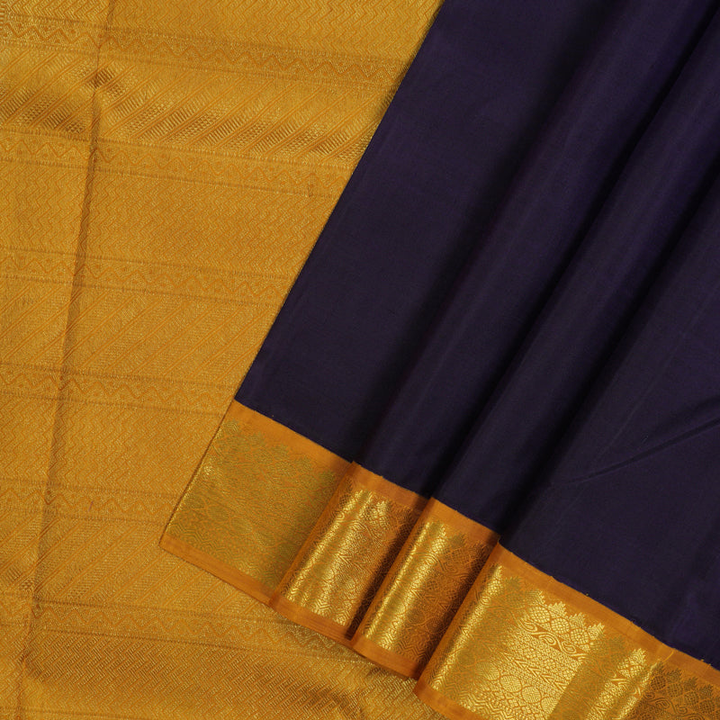 Hayagrivas Handloom Dark Indigo Blue Kanjivaram Silk Saree with Mustard Yellow Border KBE1336J4-1