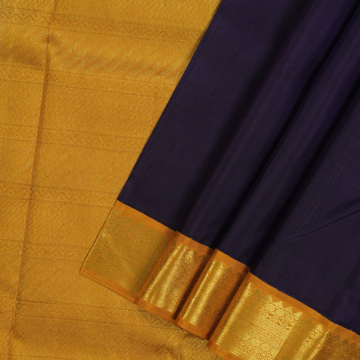 Hayagrivas Handloom Dark Indigo Blue Kanjivaram Silk Saree with Mustard Yellow Border KBE1336J4-1