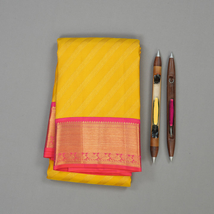 Hayagrivas Handloom Yellow Kanjivaram Silk Saree with Pinkish Orange Border KBE1337J10-5
