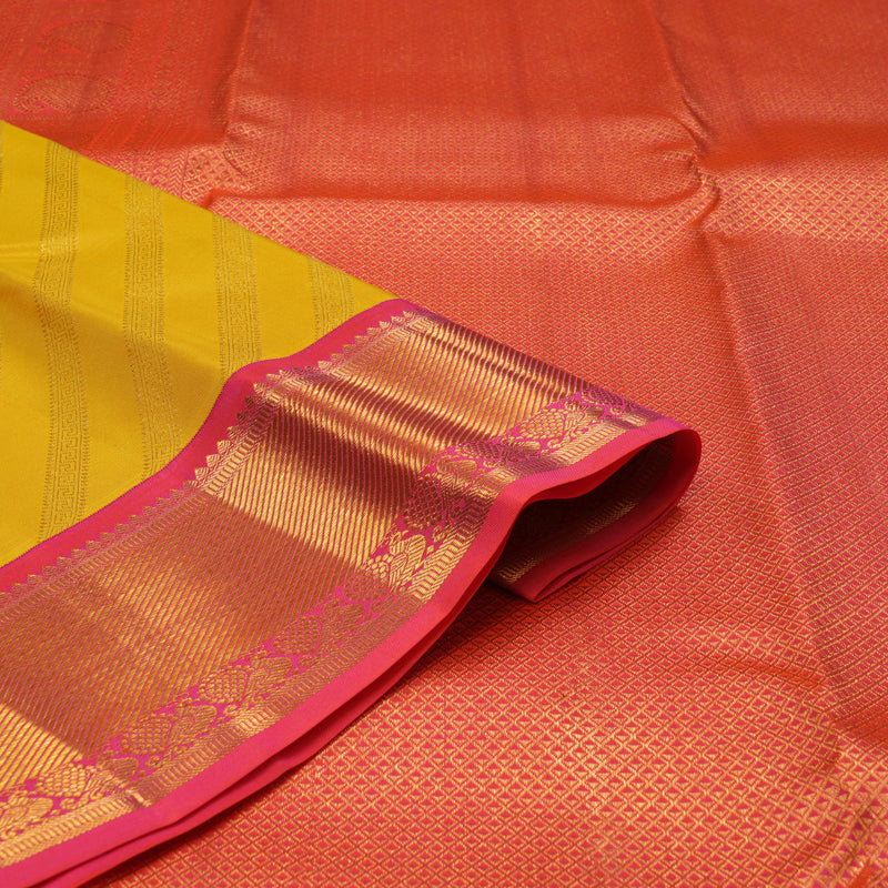 Hayagrivas Handloom Yellow Kanjivaram Silk Saree with Pinkish Orange Border KBE1337J10-5