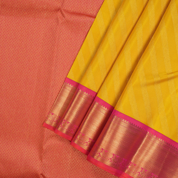 Hayagrivas Handloom Yellow Kanjivaram Silk Saree with Pinkish Orange Border KBE1337J10-5