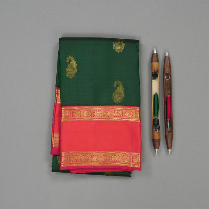 Hayagrivas Handloom Bottle Green Kanjivaram Silk Saree with Orangish Pink Border KBE1337J13-5