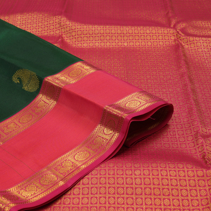 Hayagrivas Handloom Bottle Green Kanjivaram Silk Saree with Orangish Pink Border KBE1337J13-5