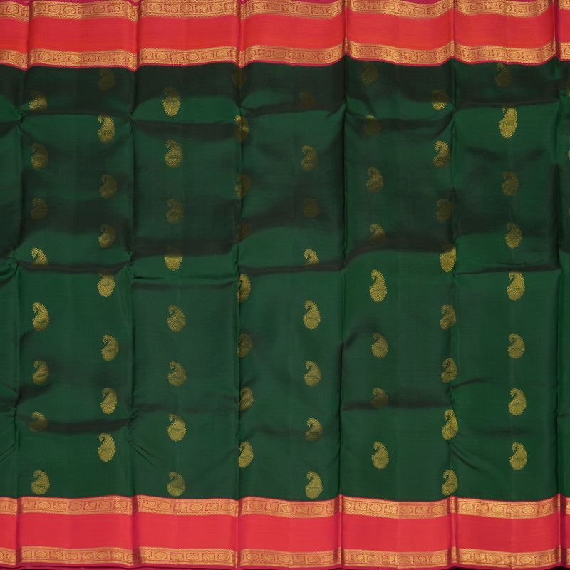 Hayagrivas Handloom Bottle Green Kanjivaram Silk Saree with Orangish Pink Border KBE1337J13-5