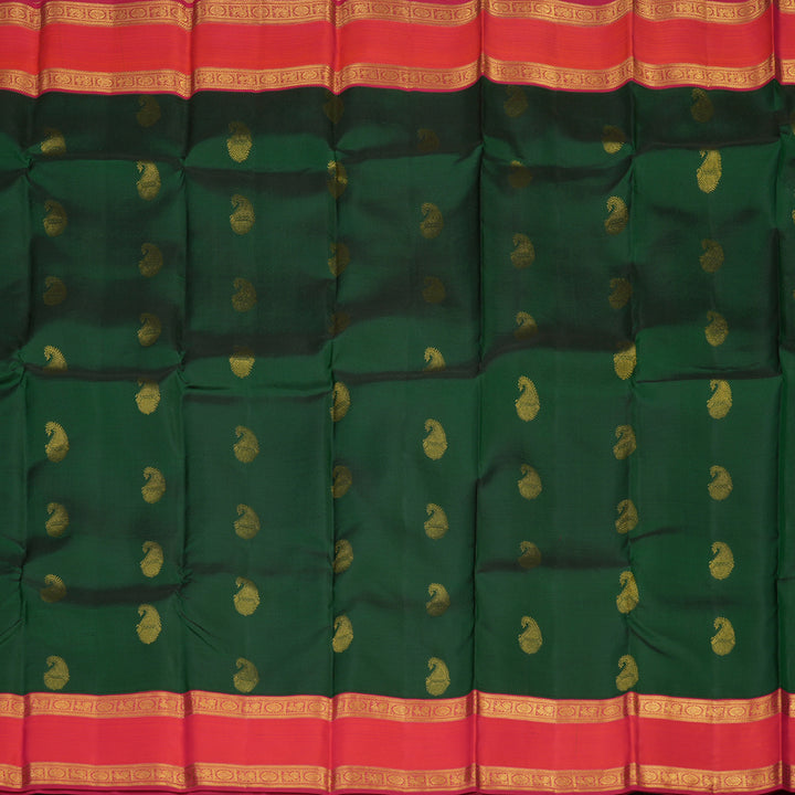 Hayagrivas Handloom Bottle Green Kanjivaram Silk Saree with Orangish Pink Border KBE1337J13-5