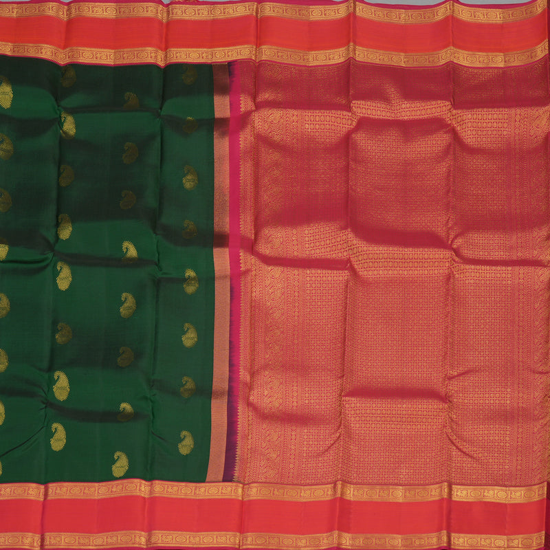 Hayagrivas Handloom Bottle Green Kanjivaram Silk Saree with Orangish Pink Border KBE1337J13-5