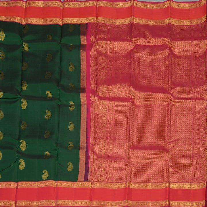 Hayagrivas Handloom Bottle Green Kanjivaram Silk Saree with Orangish Pink Border KBE1337J13-5