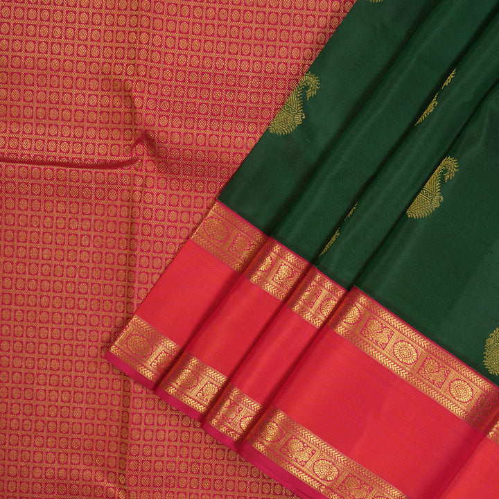 Hayagrivas Handloom Bottle Green Kanjivaram Silk Saree with Orangish Pink Border KBE1337J13-5