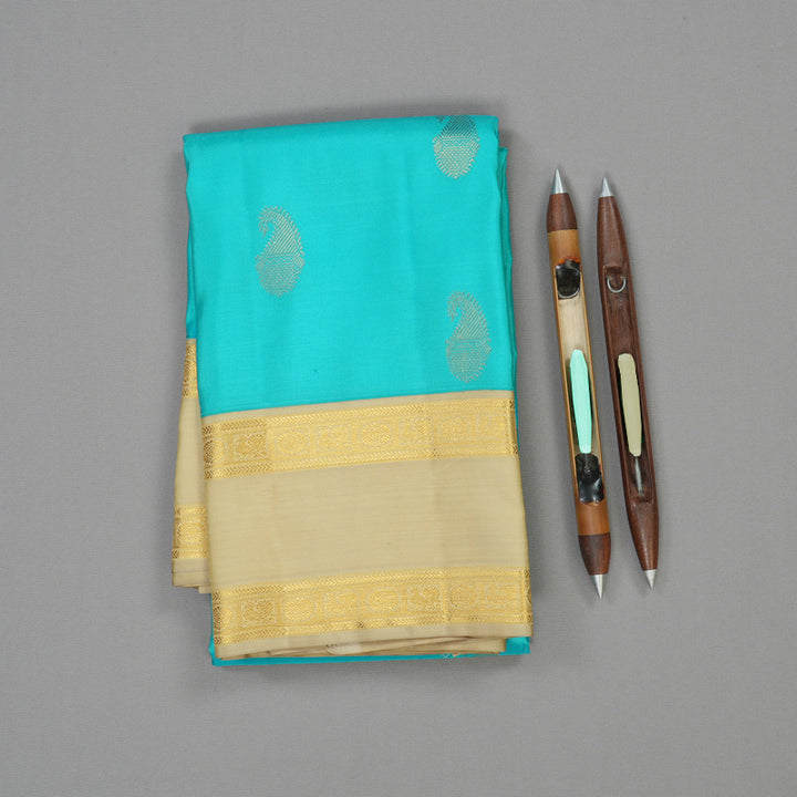 Hayagrivas Handloom Sky Blue Kanjivaram Silk Saree with Beige border KBE1337J13-6