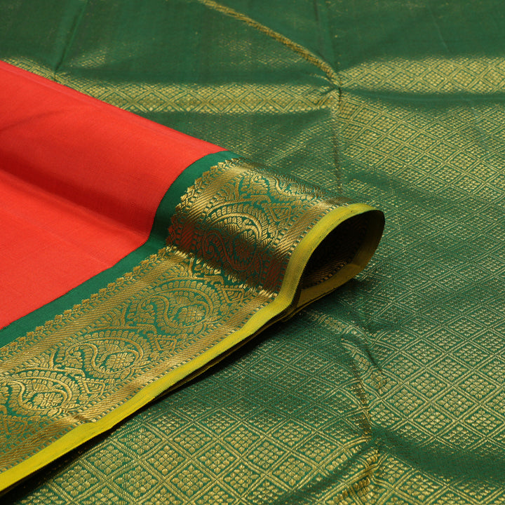 Hayagrivas Handloom Red Kanjivaram Silk Saree with Dark Green Border KBE1338J3-1