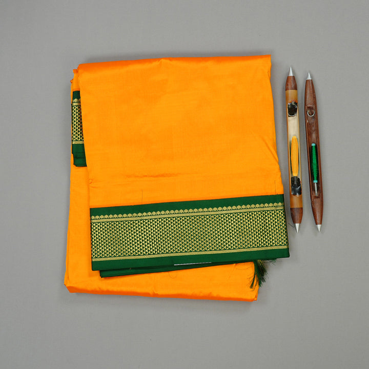 Hayagrivas Mango Yellow Handloom Kanjivaram Teb Yards Silk Saree with Bottle Green Border KBE133D1-1
