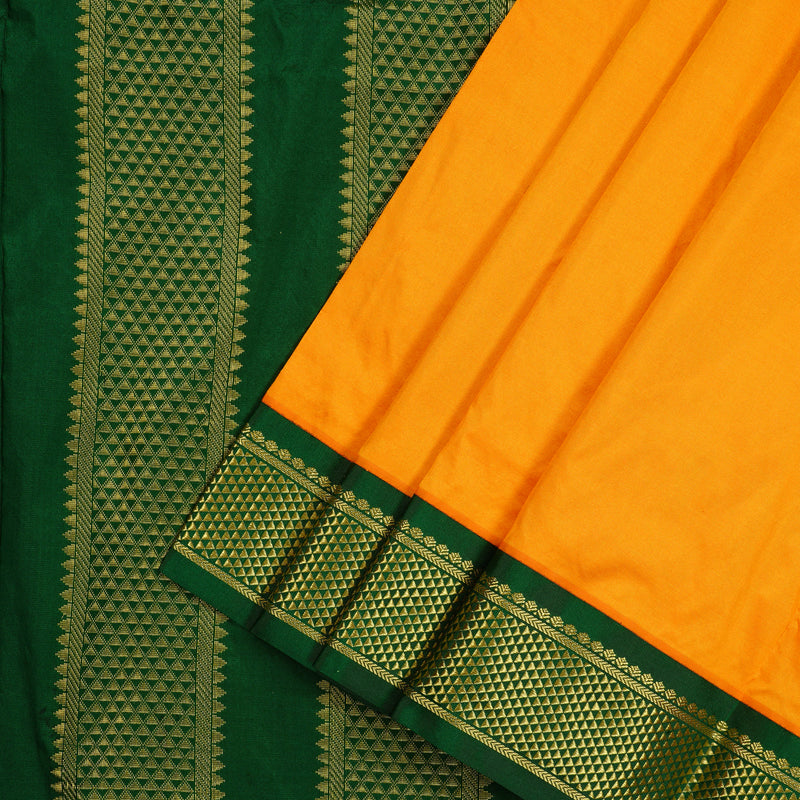 Hayagrivas Mango Yellow Handloom Kanjivaram Teb Yards Silk Saree with Bottle Green Border KBE133D1-1