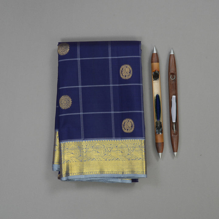 Hayagrivas Handloom Navy Blue Kanjivaram Silk Saree with Bluish Grey Border KBE1353J5-1