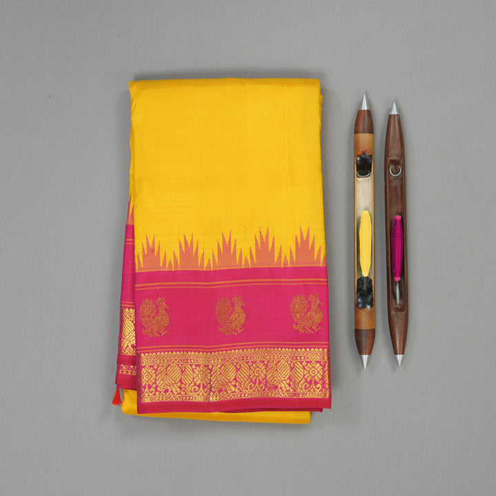 Hayagrivas Handloom Yellow Kanjivaram Silk Saree with Reddish Pink Border KBE1356J1-1