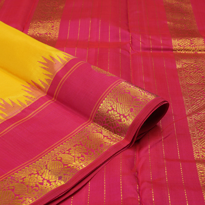 Hayagrivas Handloom Yellow Kanjivaram Silk Saree with Reddish Pink Border KBE1356J1-1