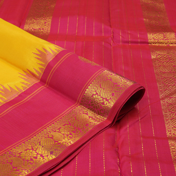 Hayagrivas Handloom Yellow Kanjivaram Silk Saree with Reddish Pink Border KBE1356J1-1