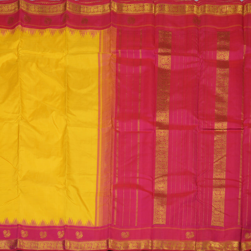 Hayagrivas Handloom Yellow Kanjivaram Silk Saree with Reddish Pink Border KBE1356J1-1