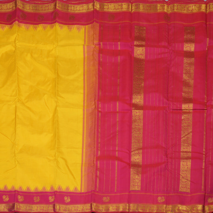 Hayagrivas Handloom Yellow Kanjivaram Silk Saree with Reddish Pink Border KBE1356J1-1