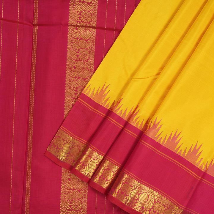 Hayagrivas Handloom Yellow Kanjivaram Silk Saree with Reddish Pink Border KBE1356J1-1