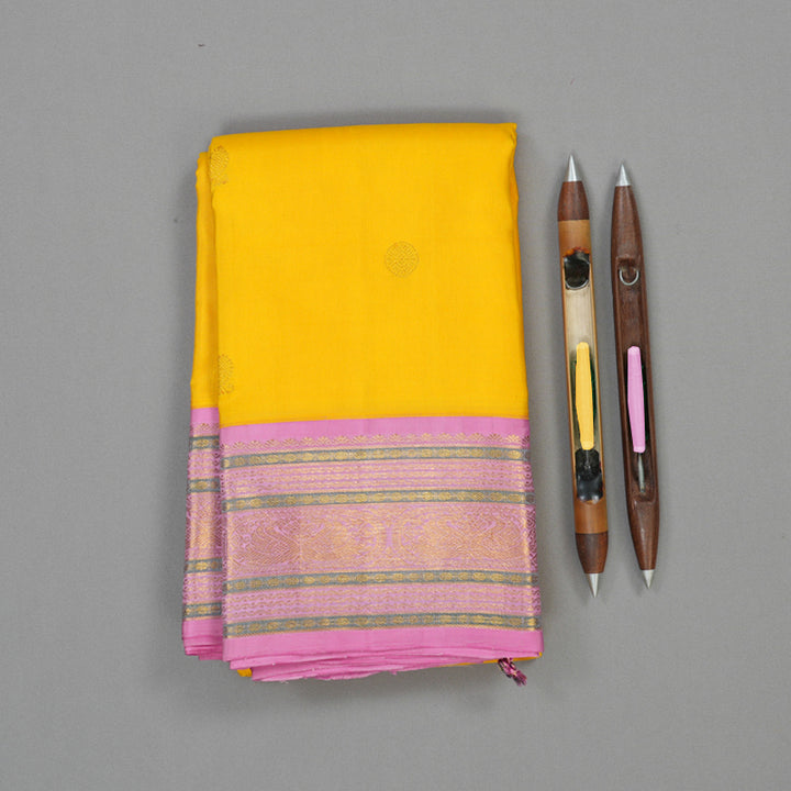 Hayagrivas Handloom Yellow Kanjivaram Silk Saree with Rose Pink border KBE1367J10-1