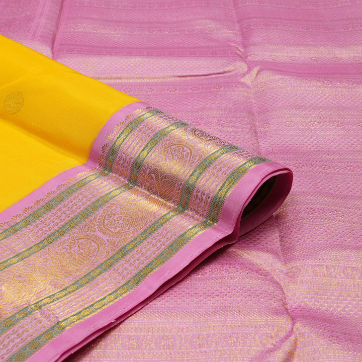 Hayagrivas Handloom Yellow Kanjivaram Silk Saree with Rose Pink border KBE1367J10-1