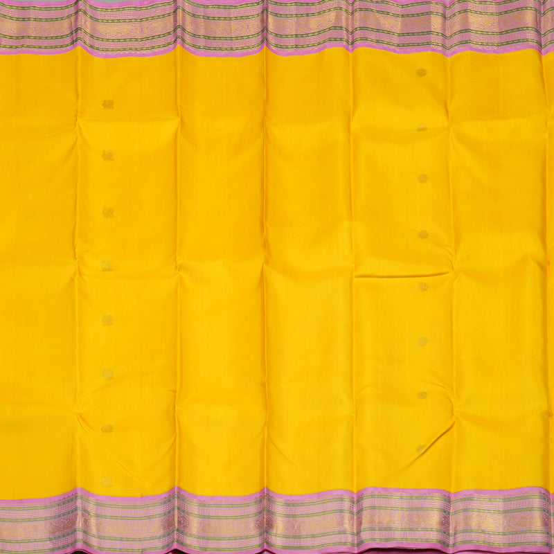 Hayagrivas Handloom Yellow Kanjivaram Silk Saree with Rose Pink border KBE1367J10-1