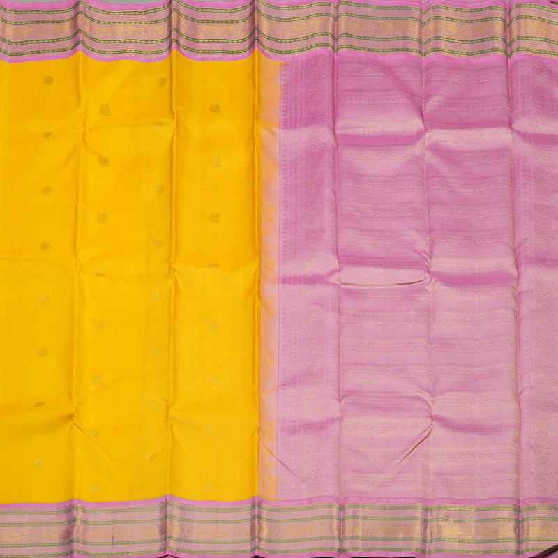 Hayagrivas Handloom Yellow Kanjivaram Silk Saree with Rose Pink border KBE1367J10-1