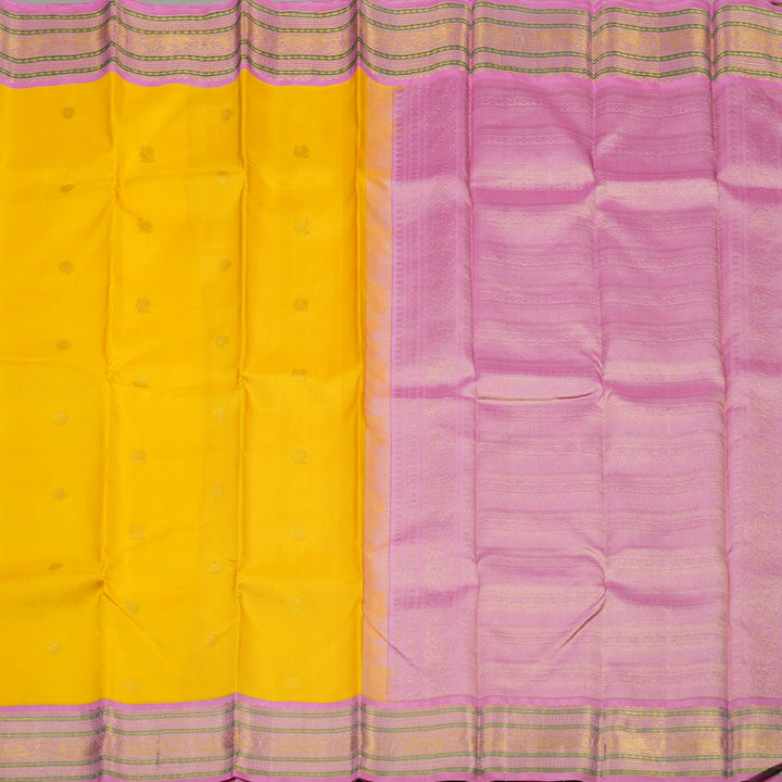 Hayagrivas Handloom Yellow Kanjivaram Silk Saree with Rose Pink border KBE1367J10-1