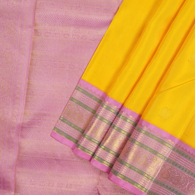 Hayagrivas Handloom Yellow Kanjivaram Silk Saree with Rose Pink border KBE1367J10-1