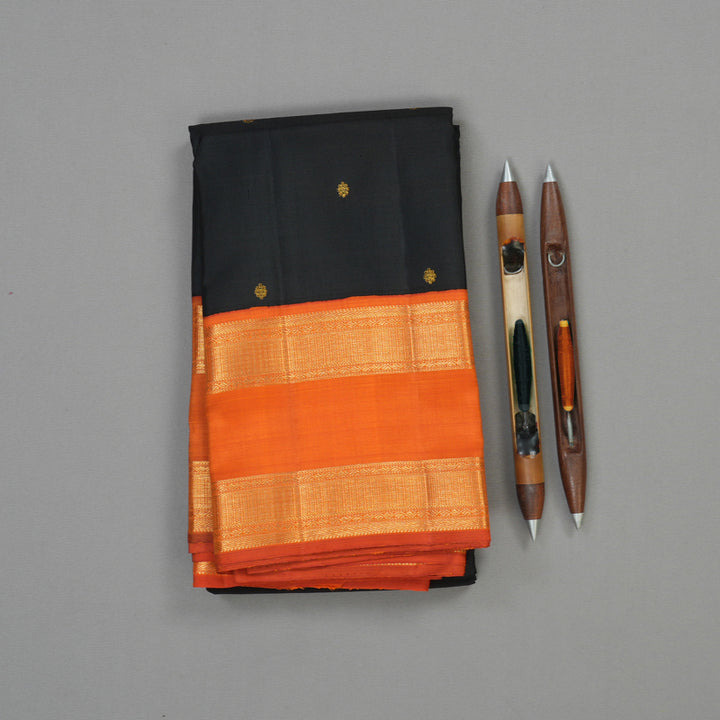 Hayagrivas Handloom Black Kanjivaram Silk Saree with Orange Border KBE1367J12-1