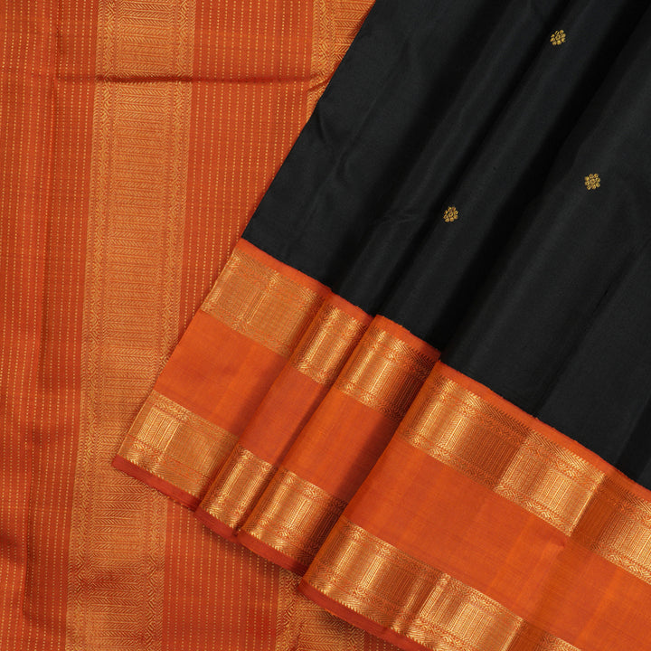 Hayagrivas Handloom Black Kanjivaram Silk Saree with Orange Border KBE1367J12-1
