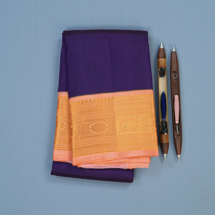 Hayagrivas Handloom Purplish-Blue Kanjivaram Silk Saree with Peach Pink Border KBE1367J3-1