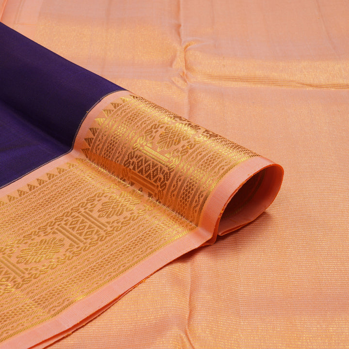 Hayagrivas Handloom Purplish-Blue Kanjivaram Silk Saree with Peach Pink Border KBE1367J3-1
