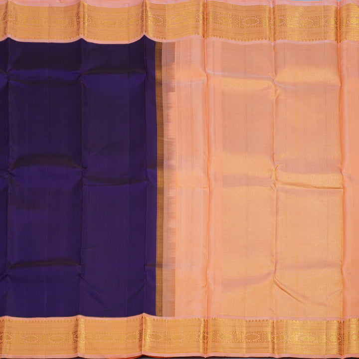 Hayagrivas Handloom Purplish-Blue Kanjivaram Silk Saree with Peach Pink Border KBE1367J3-1