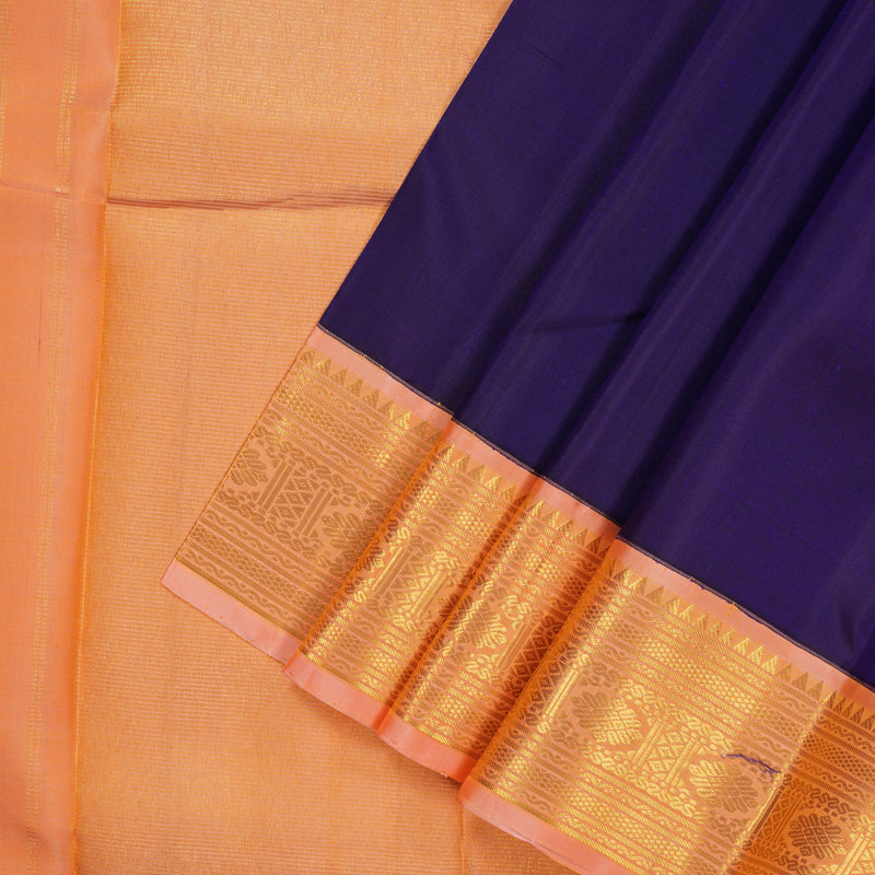 Hayagrivas Handloom Purplish-Blue Kanjivaram Silk Saree with Peach Pink Border KBE1367J3-1