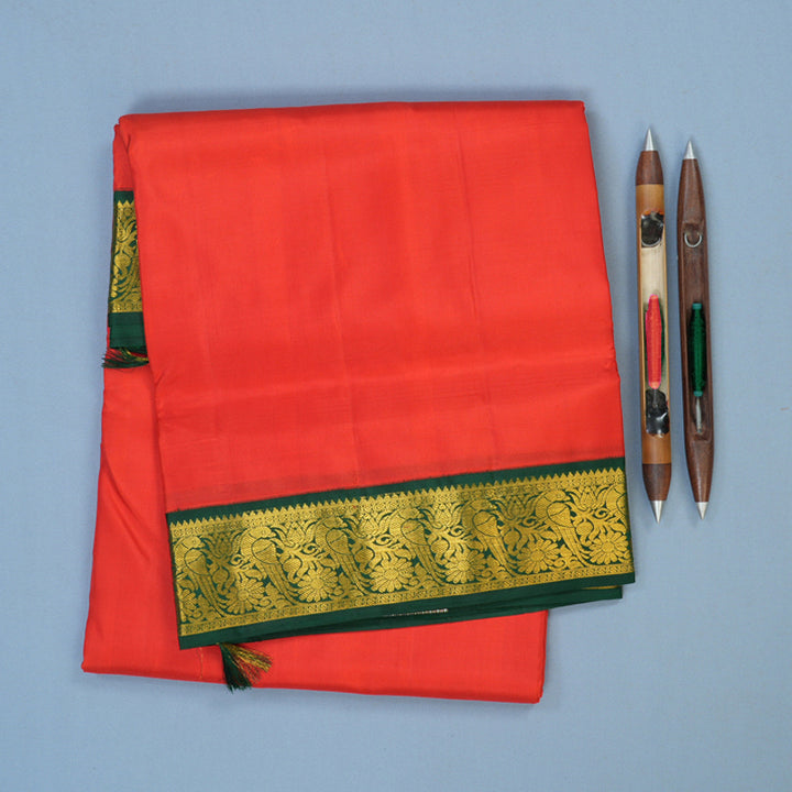 Hayagrivas Handloom Red Ten Yards Silk Saree with Bottle Green Border KBE1372J3-1