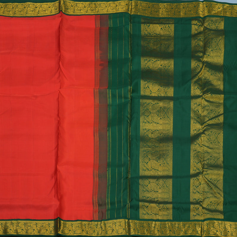 Hayagrivas Handloom Red Ten Yards Silk Saree with Bottle Green Border KBE1372J3-1