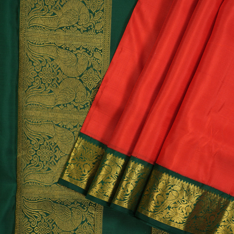 Hayagrivas Handloom Red Ten Yards Silk Saree with Bottle Green Border KBE1372J3-1
